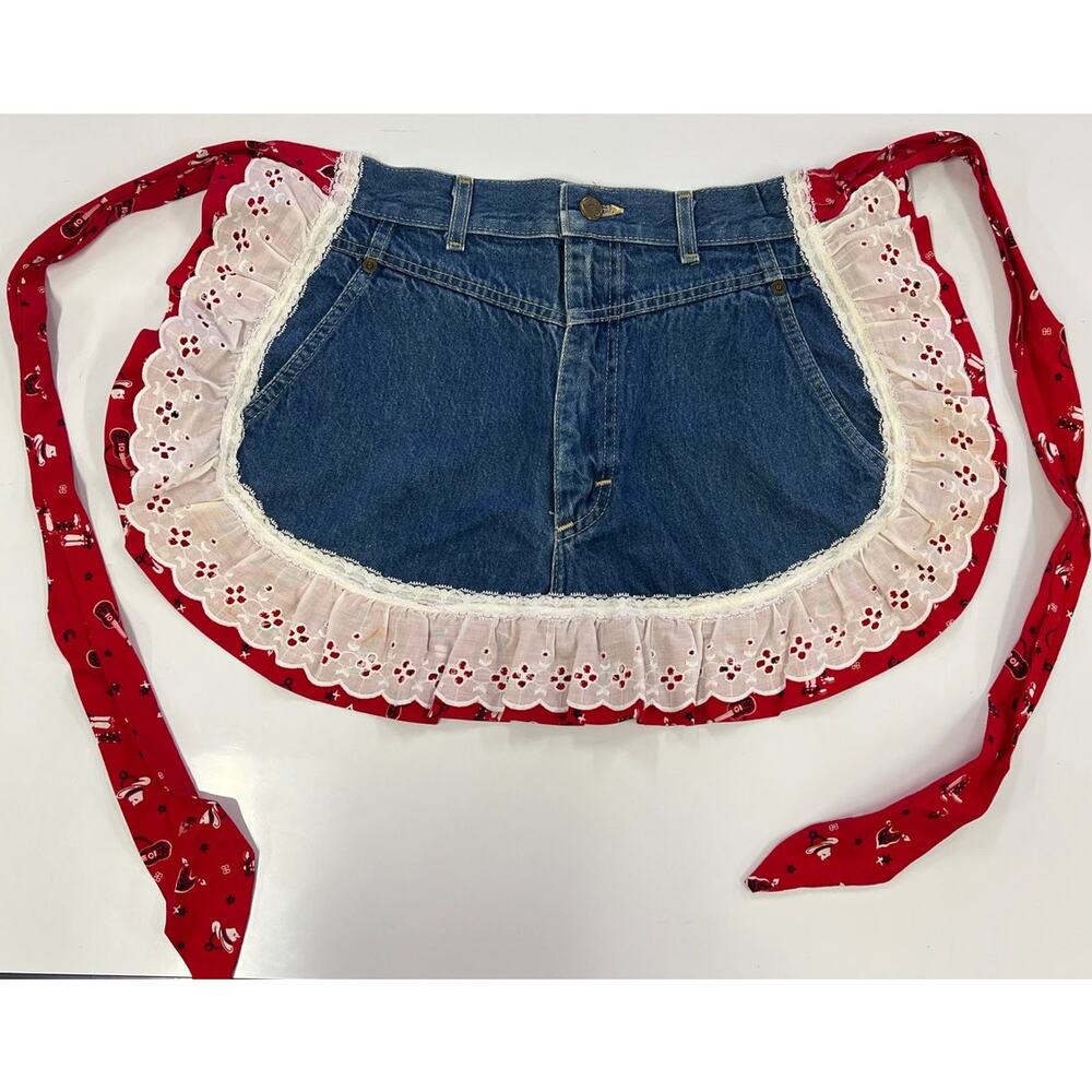 Vintage Homemade Apron Denim -  Lace & Red Western Ruffle Waist one of a Kind